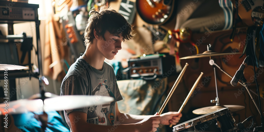 Teenage band practicing in a cramped garage, with cluttered equipment and members tuning instruments, immersed in their music preparation. Teenage band practicing in a cramped garage, with cluttered equipment and members tuning instruments, immersed in their music preparation.