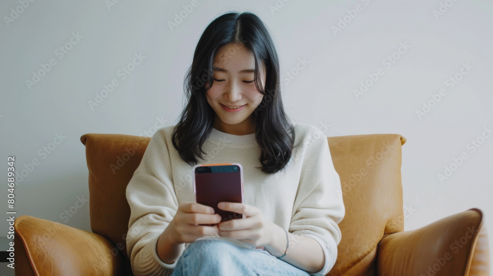 Portrait of a young Asian woman with a phone in her hands sitting on a chair on a white background. Happy woman using mobile phone while sitting at home. Technology concept. Lifestyle. Portrait of a young Asian woman with a phone in her hands sitting on a chair on a white background. Happy woman using mobile phone while sitting at home. Technology concept. Lifestyle.