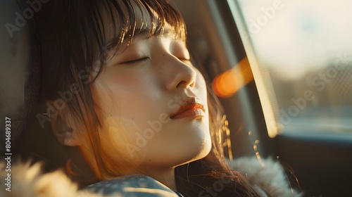 車のシートで眠る女性
