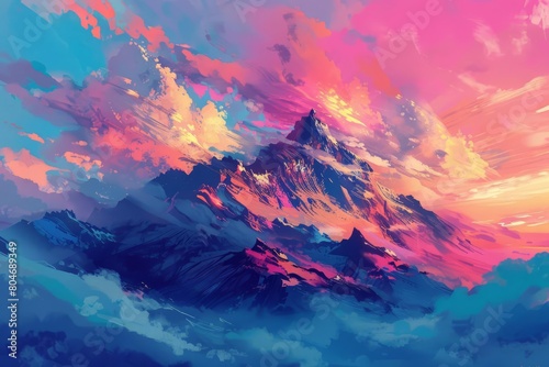 majestic mountain range at sunset colorful clouds and sky aigenerated landscape painting photo