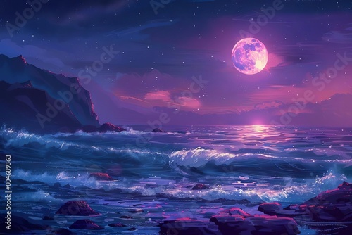 majestic ocean vista under a luminous full moon evoking a sense of tranquility and wonder digital painting