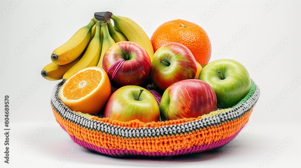 A vibrant, knitted fruit bowl featuring yarn fruits displayed prominently against white. A vibrant, knitted fruit bowl featuring yarn fruits displayed prominently against white.