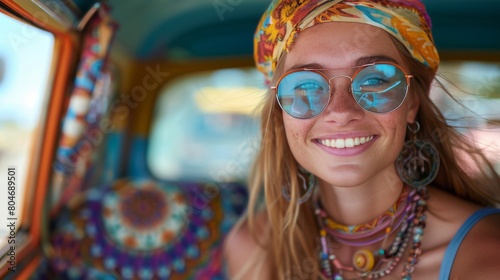 Woman Wearing Sunglasses and Bandana Sitting in Car