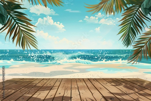 Summer tropical sea with waves  palm leaves and blue sky with clouds. Perfect vacation landscape with empty wooden table - generative ai