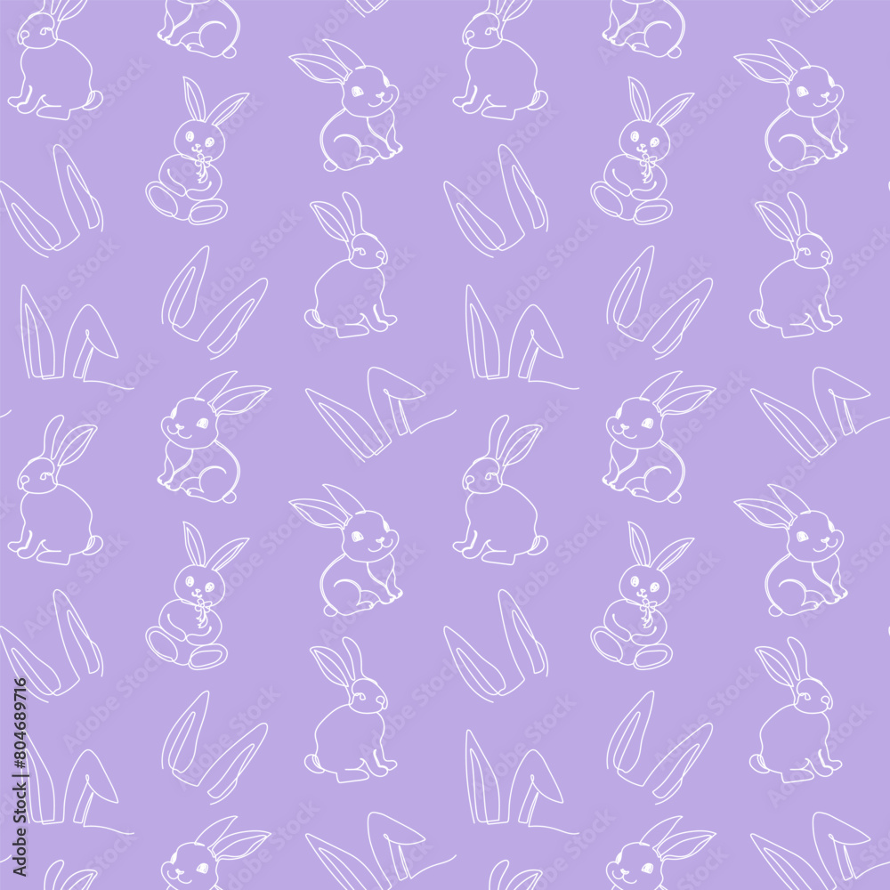 Seamless pattern of hand-drawn rabbits and ears. Festive Easter bunnies design. Continuous one line drawing. Isolated on purple backdrop. Easter decoration, wrapping paper, greeting, textile, print