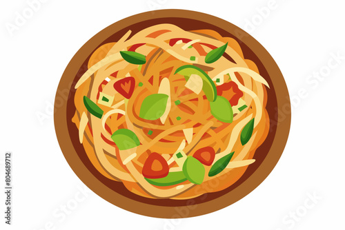 Pad Thai with tofu, noodles, and vegetables in a bowl. Traditional Thai dish. Concept of healthy eating, vegetarian cuisine, Asian culinary tradition. Graphic illustration isolated on white backdrop