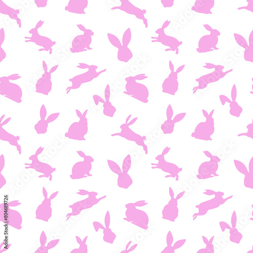 Easter seamless pattern of pink rabbit silhouettes in different actions. Festive Easter bunnies design. Isolated on white background. For Easter decoration, wrapping paper, greeting, textile, print
