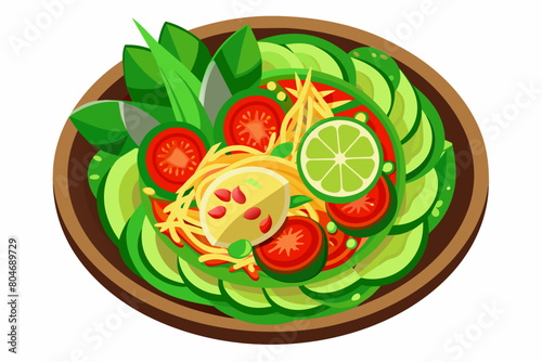Thai Som Tum with fresh shrimp in a bowl. Thai salad. Concept of authentic Asian cuisine, traditional dish. Graphic illustration. Isolated on white background. Top view