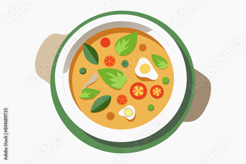 Tom Kha Gai in bowl with chicken, mushrooms in coconut milk broth. Traditional Thai coconut soup with fresh herbs. Concept of authentic Asian cuisine. Graphic illustration. Isolated on white backdrop