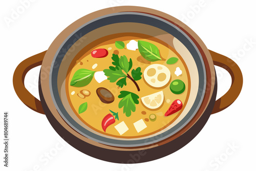 Tom Kha Gai in bowl with chicken, mushrooms in coconut milk broth. Traditional Thai coconut soup with herbs. Concept of authentic Asian cuisine. Graphic illustration. Isolated on white background