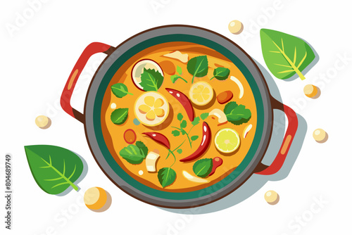Thai curry in bowl with chicken, basil leaves, chili peppers. Traditional Thai meal. Concept of authentic Asian cuisine, national dish, spicy food. Graphic illustration. Isolated on white background
