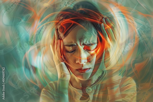 migraine misery dizzy asian woman suffering from vertigo pain digital illustration