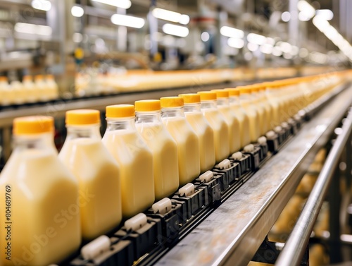 Bottles of juice or milk on a production line in an industrial setting