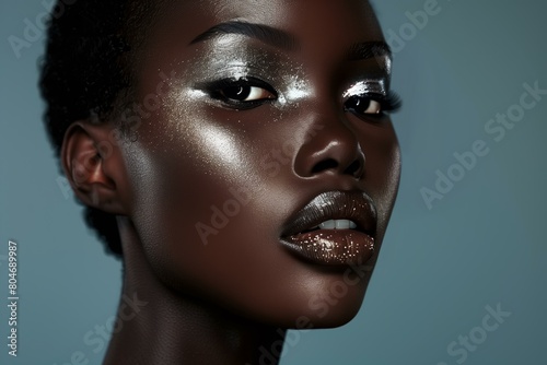 beauty shot of a black woman with very dark skin with silver metallic eyeshadows