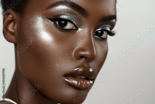 beauty shot of a black woman with very dark skin with silver metallic eyeshadows