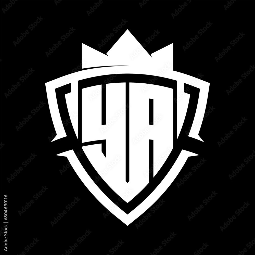 YA Letter monogram with triangle curve shield shape with crown white and black background color design
