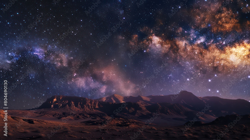 A breathtaking view of a starry sky filled with galaxies over a majestic mountain range, evoking a sense of wonder