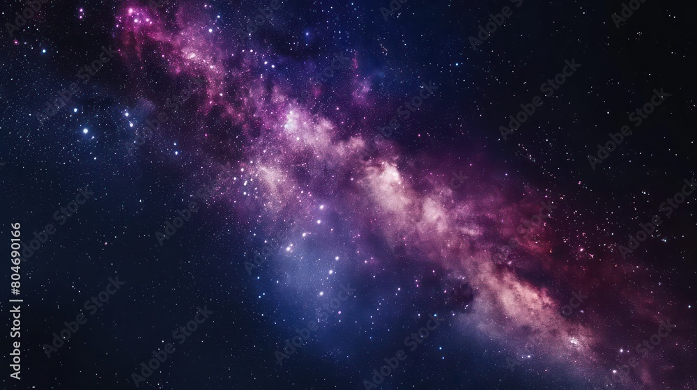 The image features a breathtaking purple nebulae amidst twinkling stars in a night sky