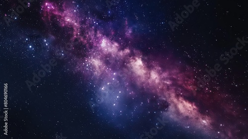 The image features a breathtaking purple nebulae amidst twinkling stars in a night sky