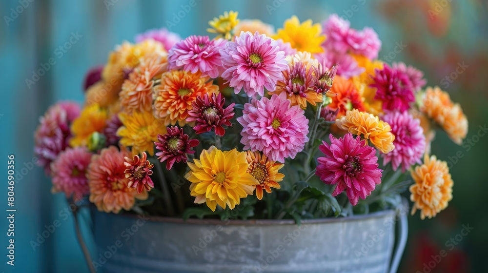 A unique Mother s Day gift idea a bucket filled with vibrant chrysanthemums A unique Mother s Day gift idea a bucket filled with vibrant chrysanthemums
