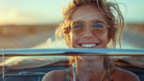 Woman in Car Wearing Sunglasses and Smiling