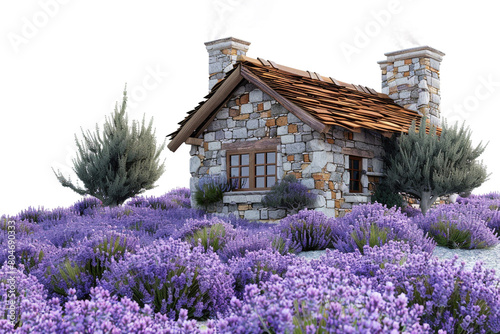 A quaint countryside cottage surrounded by blooming lavender fields, isolated on solid white background.