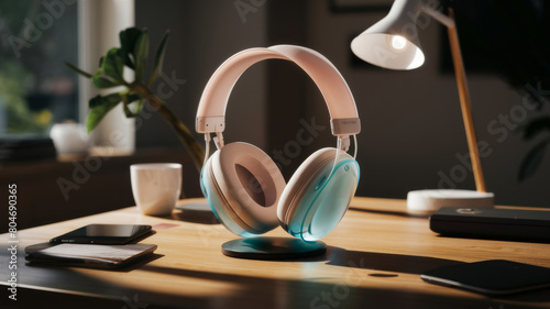 Modern headphones with soft ear cups standing on a wooden table next to a phone and a cup of coffee © Mikalai