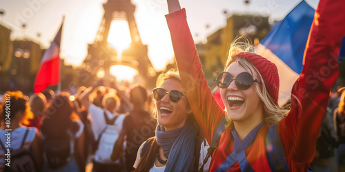 Excited young people wearing red and blue clothes celebrating the victory of France team. People chanting and cheering for their Olympic sports team. Young people watching a match.