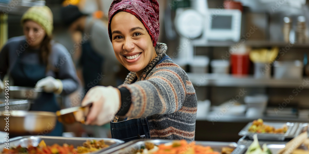 Young person serving hot food for homeless in community charity donation center. Volunteer at a soup kitchen, serving food with a warm and compassionate smile.