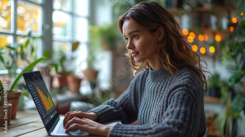 E-commerce business owner analyzing website traffic statistics on a laptop, focused and determined, YouTube thumbnail with copy space for text on left