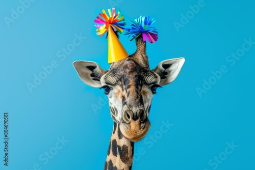 playful giraffe portrait with colorful birthday hat celebrating lifes joyous moments against a bright blue background digital art © furyon