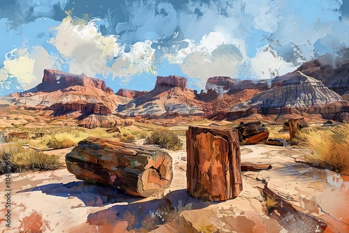 petrified wood formations in rugged desert rock landscape digital painting photo
