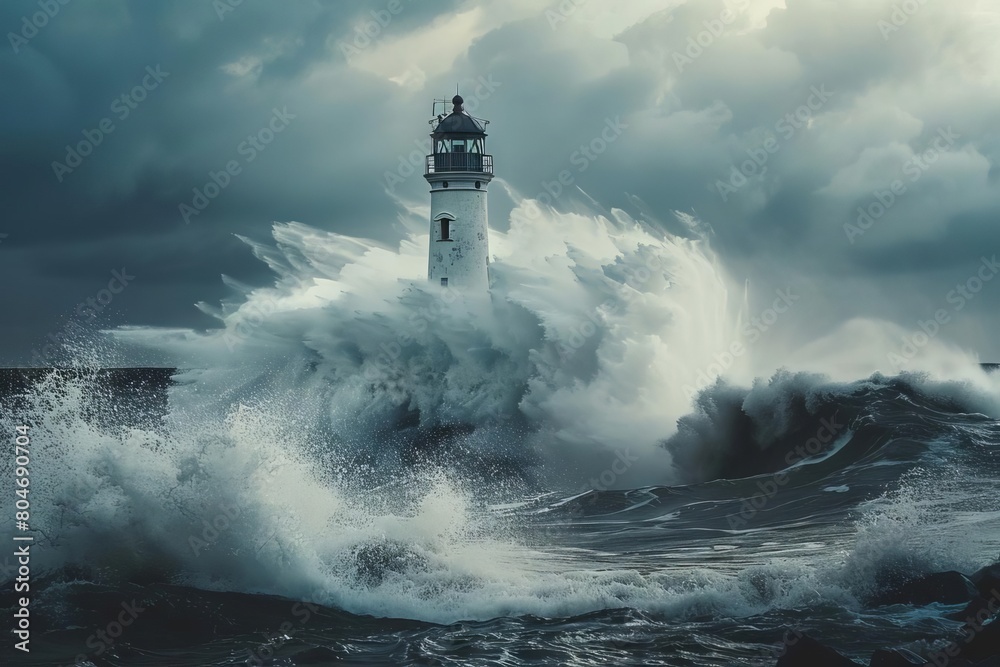 powerful storm waves crashing over lighthouse on cloudy dramatic day moody coastal landscape photography