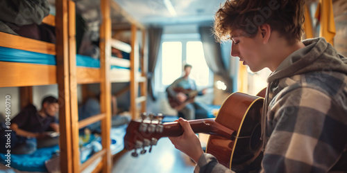 Young tourist sitting on bunk bed and playing a guitar in hostel room. Roommates singing and partying in contemporary youth hostel.