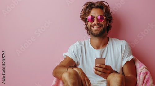 Man With Long Hair and Beard Holding Cell Phone
