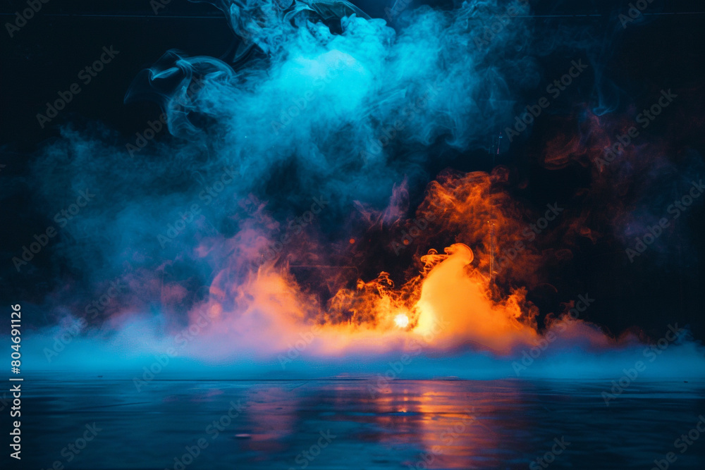 A stage filled with icy blue smoke under a bright orange spotlight, providing a cool, invigorating look against a black background.