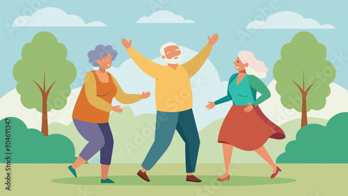 In the park an older couple giggles and twirls as they engage in theutic dance movements led by their instructor.. Vector illustration photo