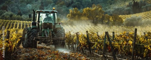 A farmer drives a tractor through rows of lush vines in a well-maintained vineyard during harvest