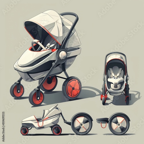 Futuristic vector design of a compact, allinone travel system for babies including stroller, car seat, and carrier photo