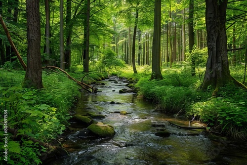 serene forest stream flowing through lush green woodland tranquil nature scenery landscape photography