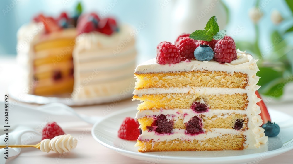 A slice of berry layered cake with various fresh berries on top, served on a white plate against a light background A slice of berry layered cake with various fresh berries on top, served on a white plate against a light background