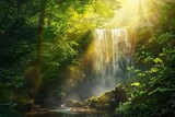 serene woodland oasis sunbeams filtering through lush foliage illuminating a hidden waterfall in a tranquil forest landscape digital painting
