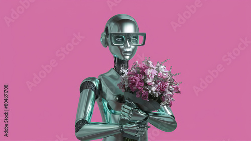 Robot with a bouquet of flowers on a pink background, perfect for greeting cards or themes about technology and feelings © Mikalai