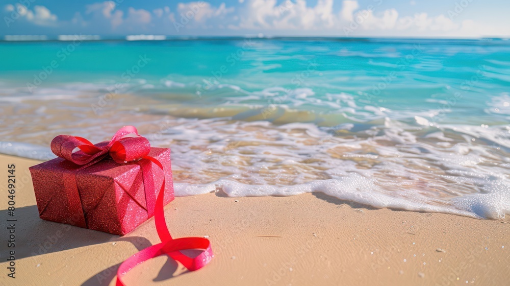 A sparkling red gift box with a silky ribbon tied on it, placed on a sandy beach with the ocean in the background A sparkling red gift box with a silky ribbon tied on it, placed on a sandy beach with the ocean in the background