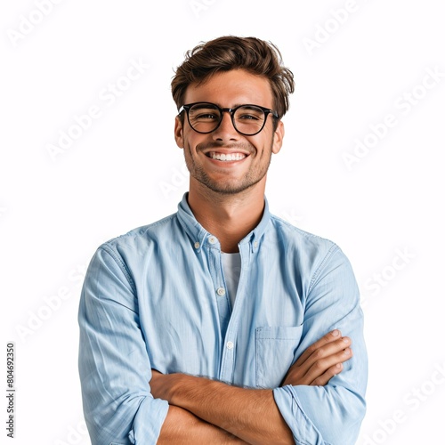 A handsome young man with glasses on white background