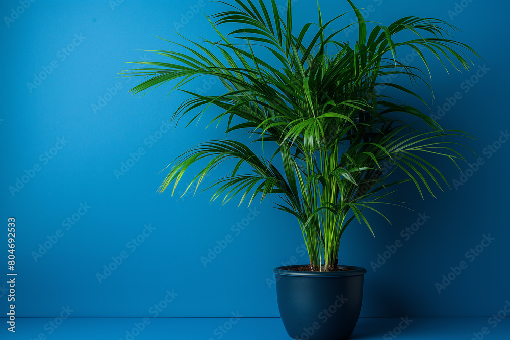 Obraz premium A large palm tree is sitting in a black pot on a blue wall