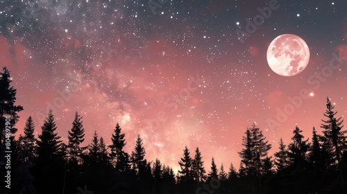 The serene pine forest is bathed in soft pink hues under a glowing full moon and starry sky