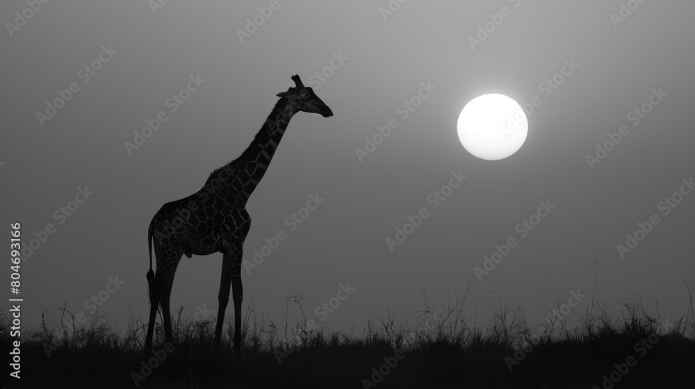 Fototapeta premium The stark contrast of a giraffe's silhouette against the glowing moon in a monochromatic landscape conveys quiet contemplation