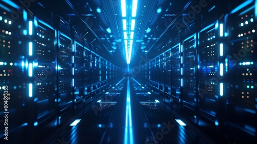 A futuristic data center with rows of servers emitting blue light