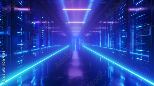 A futuristic data center with rows of servers emitting blue light